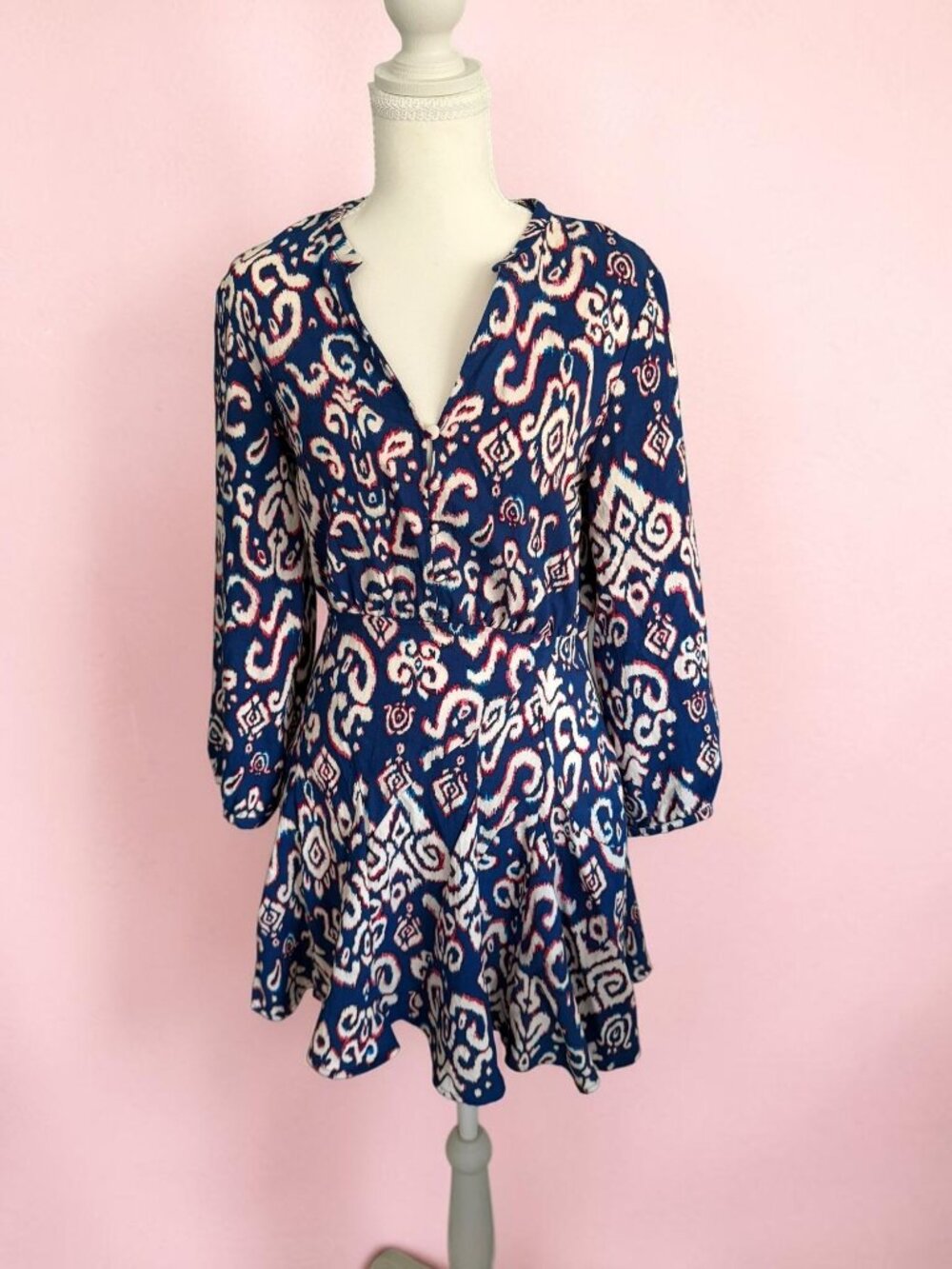 ZARAV Blue Red Ikat Long Sleeve Dress Size XS